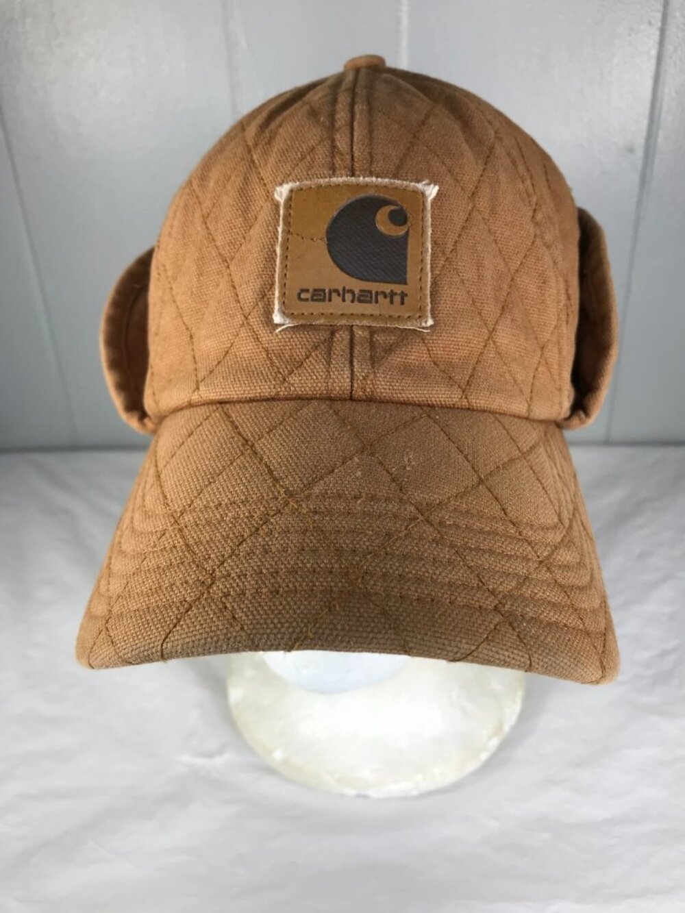 Vintage Carhartt Hat Cap Fitted Men Tan Quilted Winter Ear Flap Workwear sz L/XL